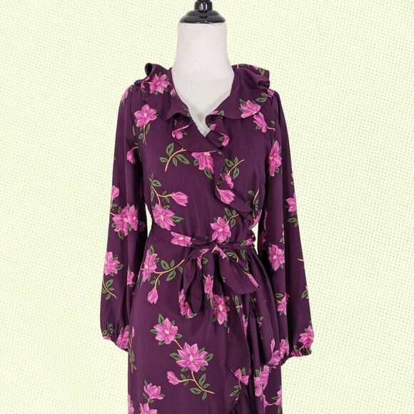 Draper James RSVP‎ Dress XS Purple Floral Ruffle Midi Romantic Goth - Picture 2 of 7